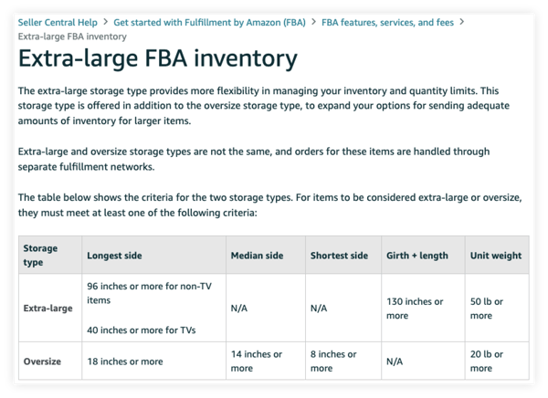 The difference between Amazon Oversized and Amazon Extra-Large inventory categories