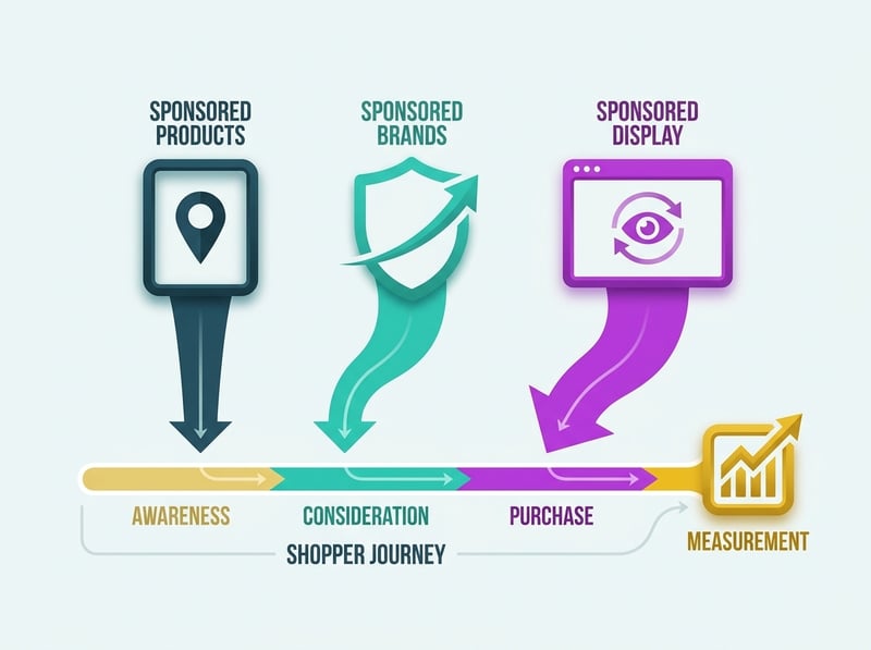 Graphic mapping Sponsored Products Sponsored Brands and Sponsored Display campaign types across an Amazon shopper journey