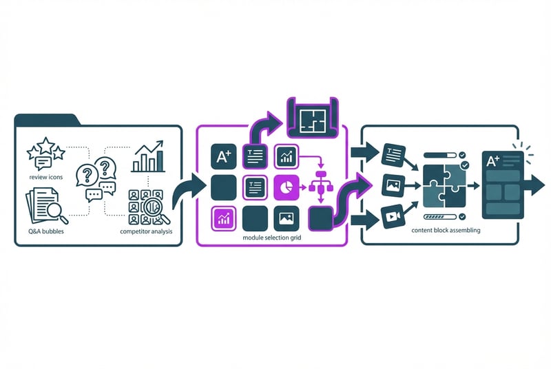 Workflow illustration for creating Amazon A+ Content from research to module selection and execution