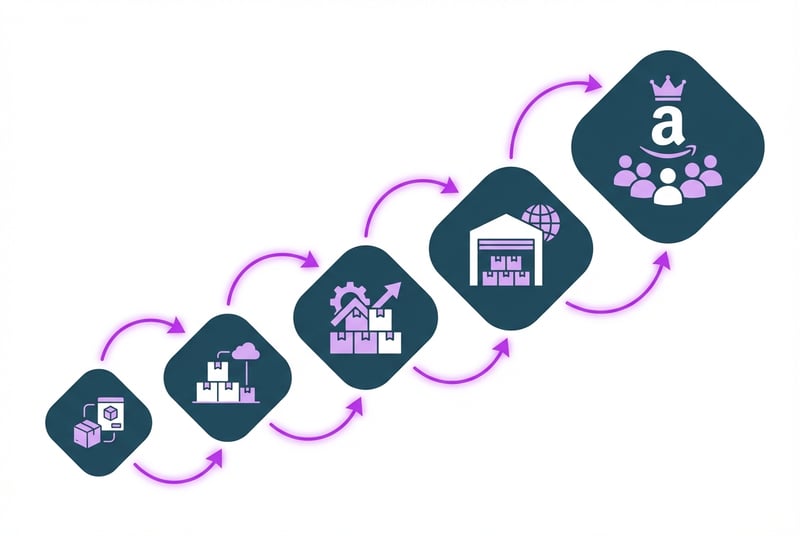 Diagram showing five-stage scaling process for growing an Amazon business with agency support