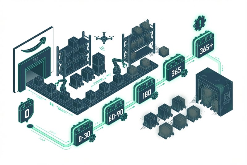 Amazon FBA aging inventory timeline showing storage duration from 0 to 365+ days with fee tiers