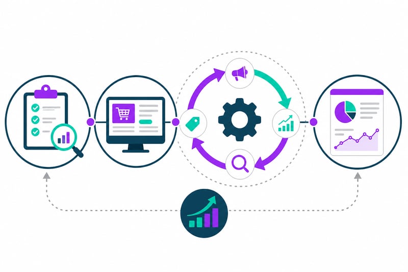 Amazon account management services workflow from onboarding audit to optimization and performance reporting