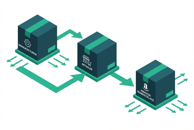 Amazon wholesale business model showing product flow from brand to retailer to marketplace