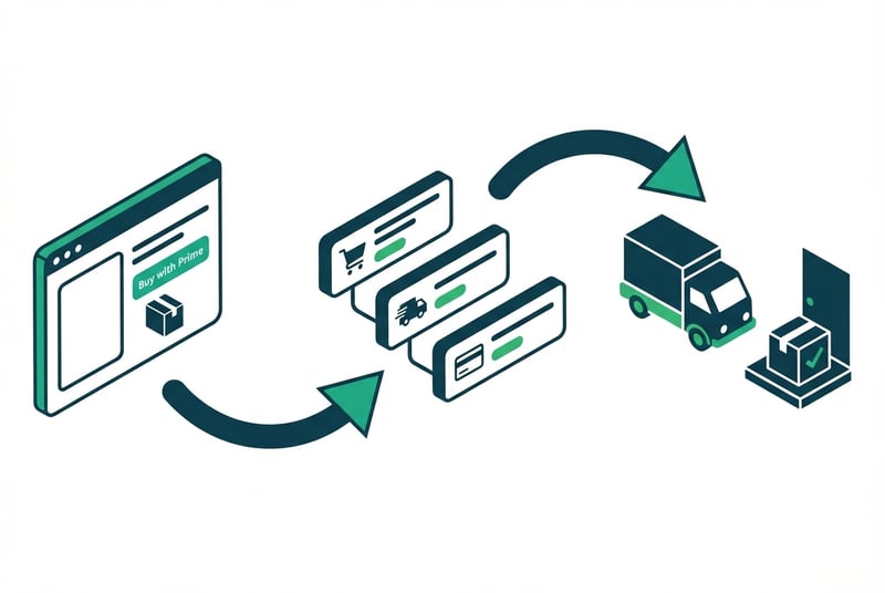 Amazon Buy with Prime checkout flow diagram showing customer journey from product page to Prime delivery