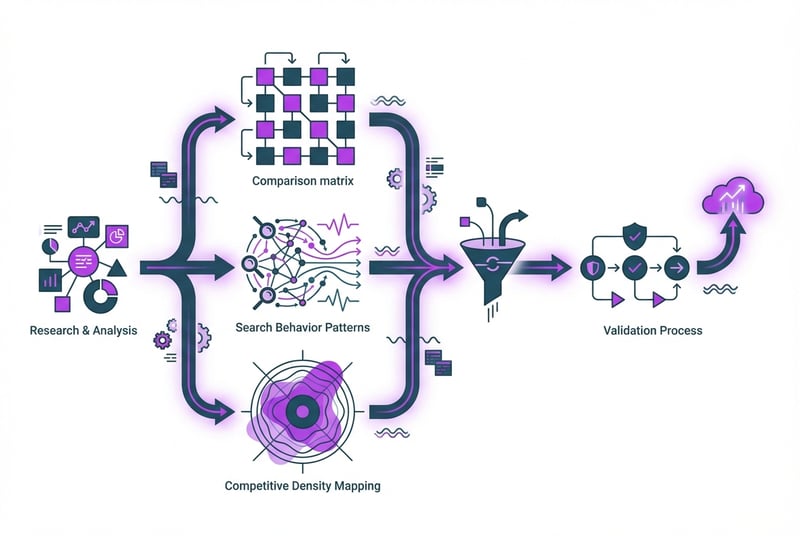 Product category validation process showing research workflow from demand analysis to competitive positioning