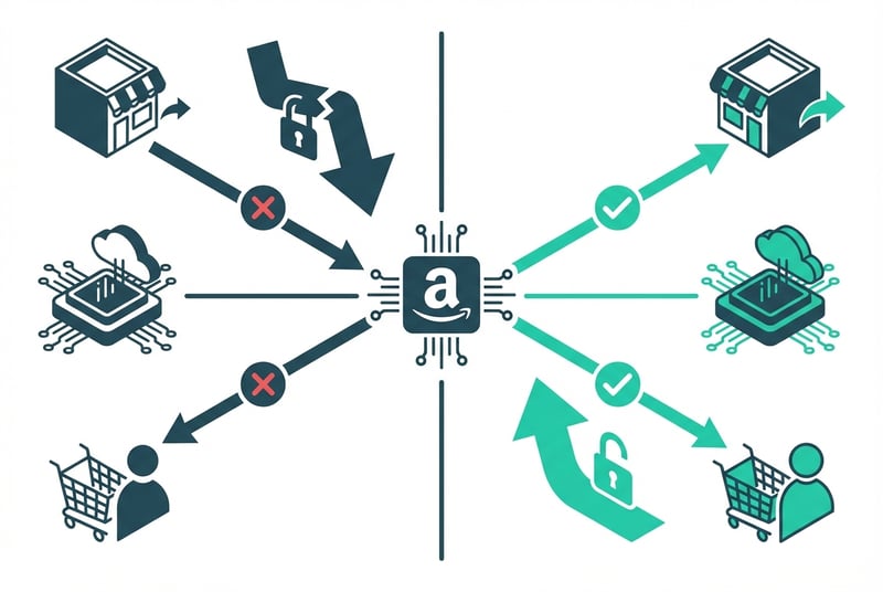 Diagram showing Amazon seller messaging categories: necessary permitted messages vs proactive permitted messages