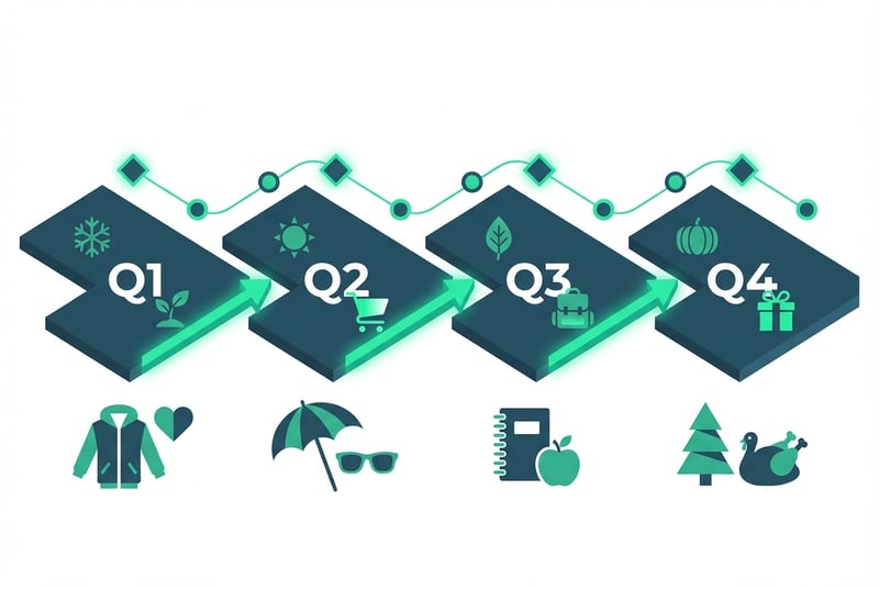 Amazon FBA calendar planning timeline showing quarterly event segments and key seller dates for 2026