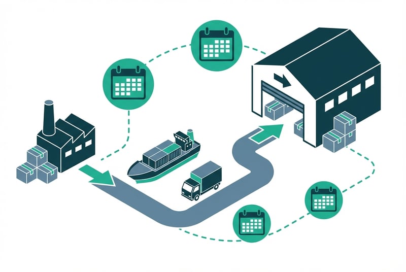 Diagram showing Amazon FBA inventory timeline from supplier to fulfillment center with calendar markers