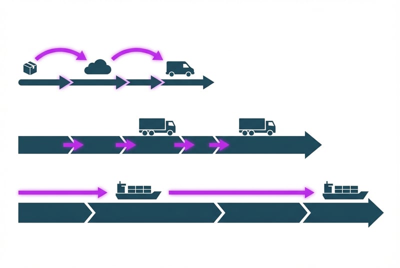 Comparison diagram showing FBA shipping method timelines for parcel, LTL, and ocean freight