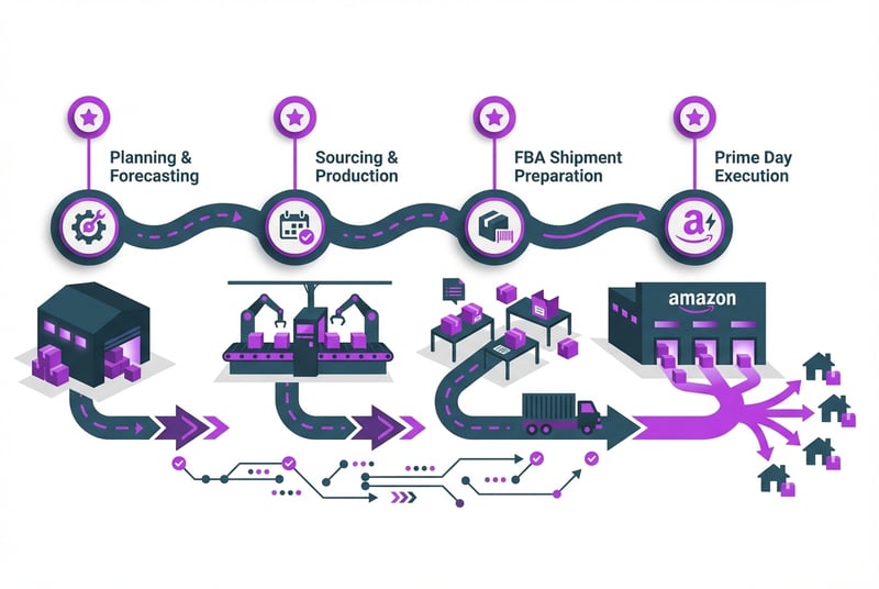 Prime Day 2026 preparation timeline showing FBA inventory send-in windows and deal submission deadlines