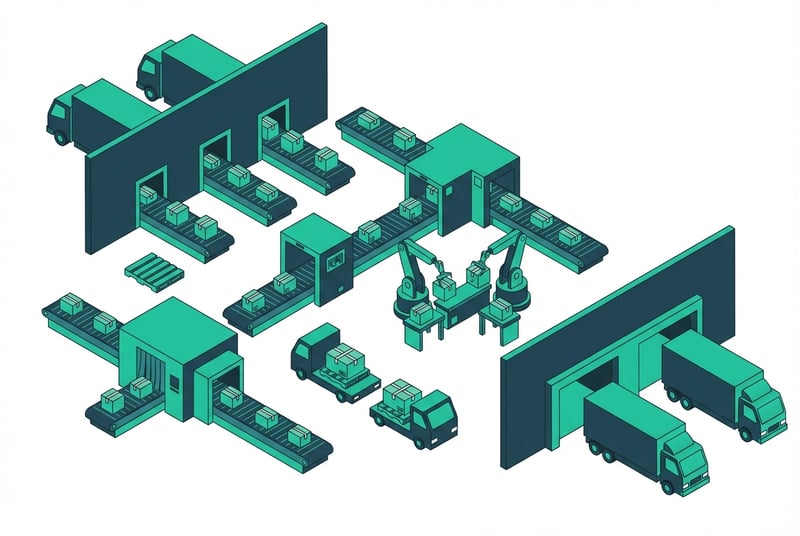 Illustration of Amazon FBA fulfillment center receiving workflow with package scanning and conveyor systems