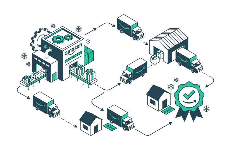 Amazon FBA fulfillment process showing Prime badge eligibility and holiday logistics workflow
