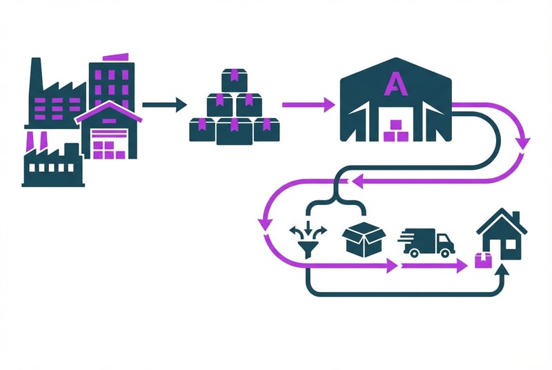 Amazon FBA fulfillment process diagram showing warehouse logistics and shipping flow