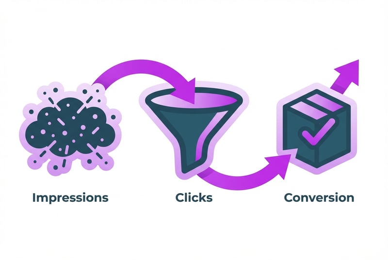 Search funnel diagram showing Amazon keyword performance from impressions to clicks to conversions