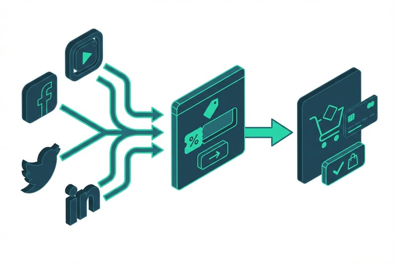 Amazon social media promo code workflow showing external traffic channels connecting to Amazon landing page