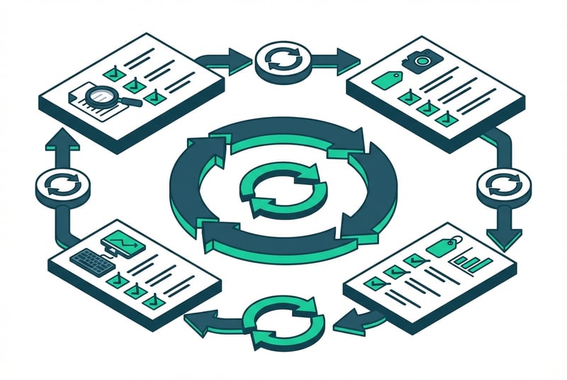 Amazon product listing optimization cycle showing monthly review tasks and continuous improvement workflow
