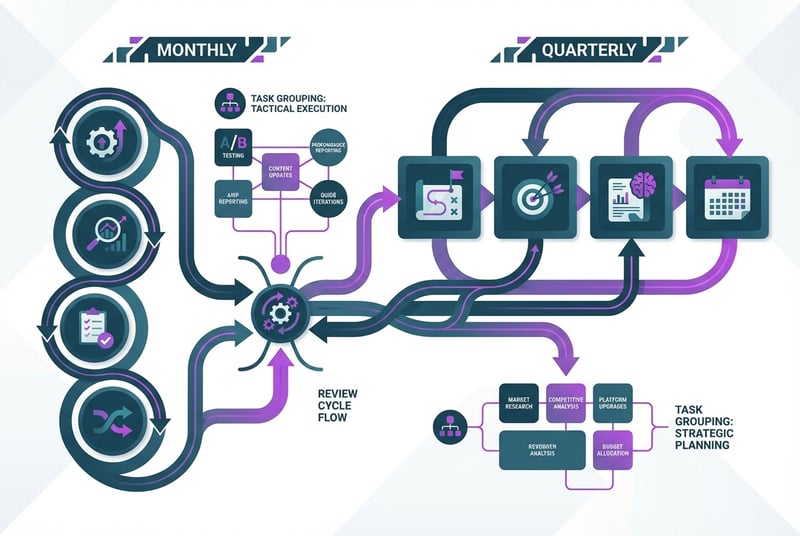 Monthly versus quarterly Amazon listing optimization cadence timeline showing recurring maintenance tasks