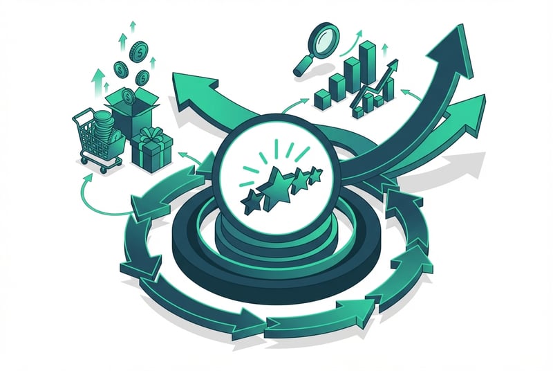 Amazon review flywheel showing how review volume drives search visibility and sales growth