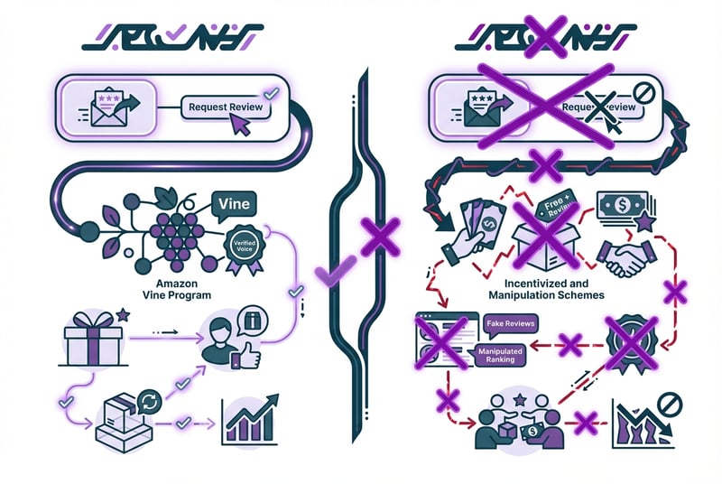 Comparison of compliant Amazon review methods versus prohibited manipulation tactics