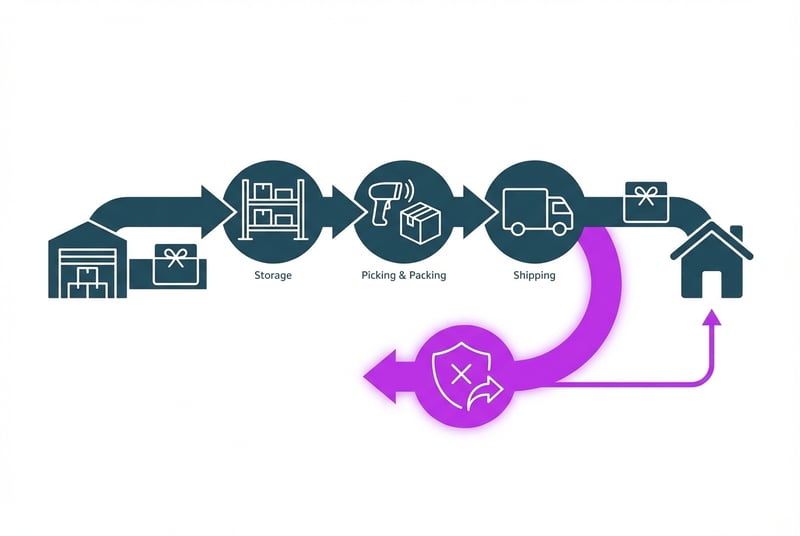 Amazon FBA fulfillment process showing feedback removal pathway for delivery and packaging complaints
