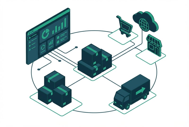 Diagram showing Amazon seller ecosystem with dashboard, product boxes, and marketplace connections