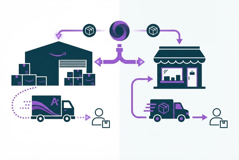Infographic comparing FBA and FBM fulfillment methods showing warehouse and shipping flows