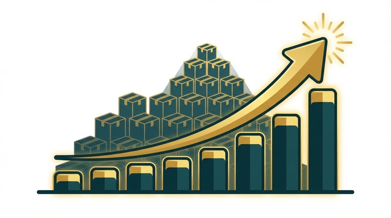 Illustration showing Amazon seller success with rising bar chart and growth elements