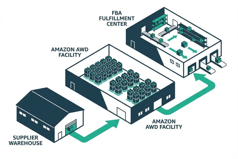 Amazon AWD warehousing flow diagram showing supplier to AWD facility to FBA fulfillment center distribution