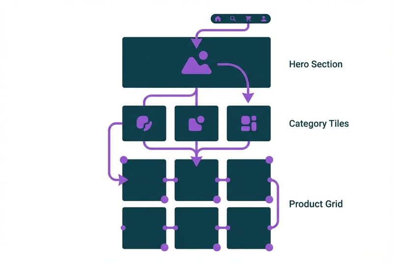 Amazon Storefront homepage structure diagram showing hero section, product grid, and category tiles layout