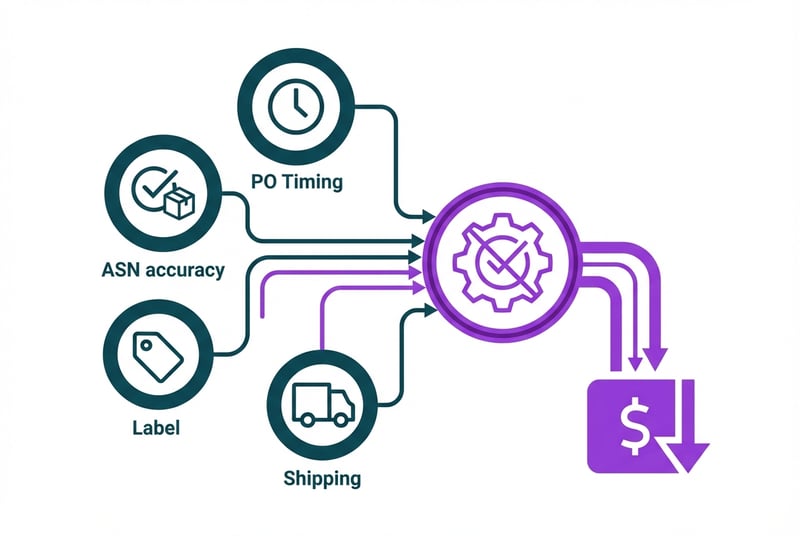 Amazon Vendor Central chargeback triggers including PO timing, ASN accuracy, and labeling compliance