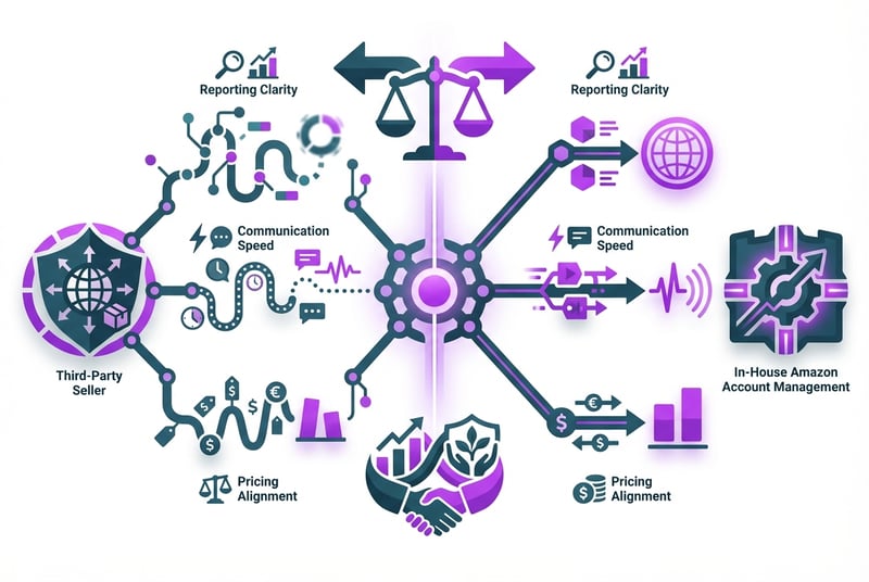Comparison between third-party Amazon seller management versus dedicated account management approach