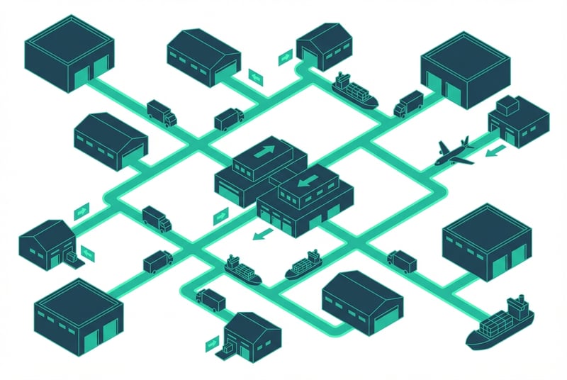 Diagram showing Amazon Logistics end-to-end network infrastructure with fulfillment centers and delivery routes