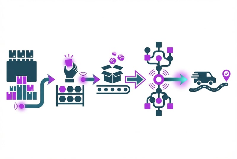 Infographic illustrating Amazon order fulfillment journey from storage through picking, packing, and delivery