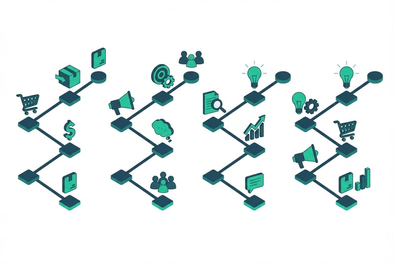 Illustration showing four Amazon partner model pathways: reseller, agency, consultant, and hybrid operating structures