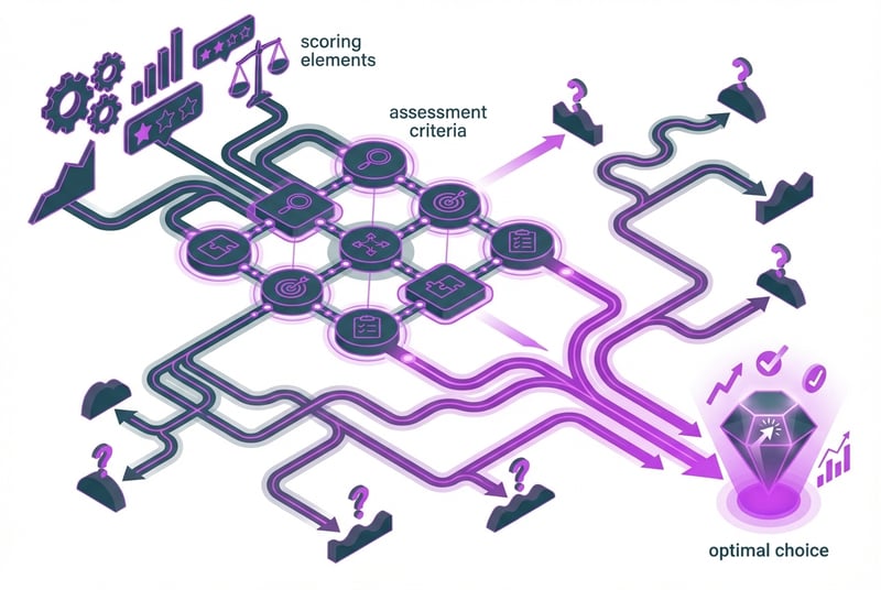 Evaluation framework diagram showing Amazon partner assessment criteria and decision pathways for choosing the right partner