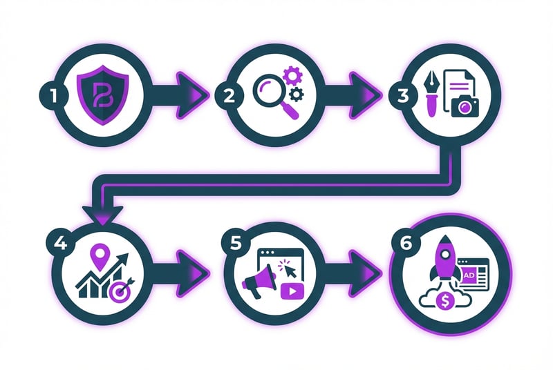 Six-step Amazon agency workflow from Brand Registry to Sponsored Ads launch for coffee brands