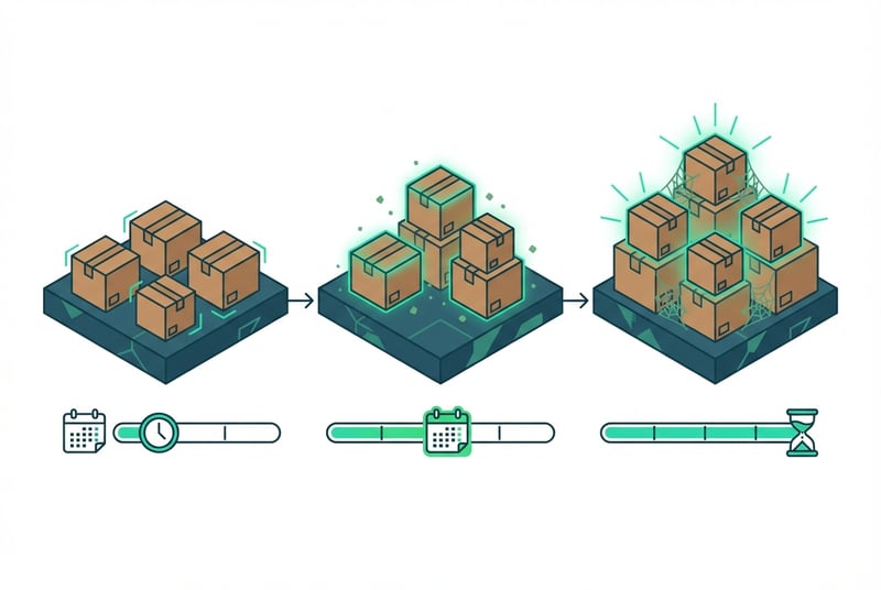 Diagram showing Amazon FBA inventory aging timeline from 181 days to 456+ days with storage fee tiers