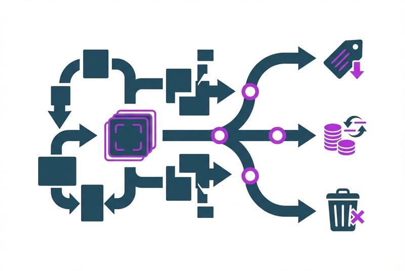 Infographic showing decision tree for managing Amazon FBA aged inventory with paths for discount, liquidate, or remove