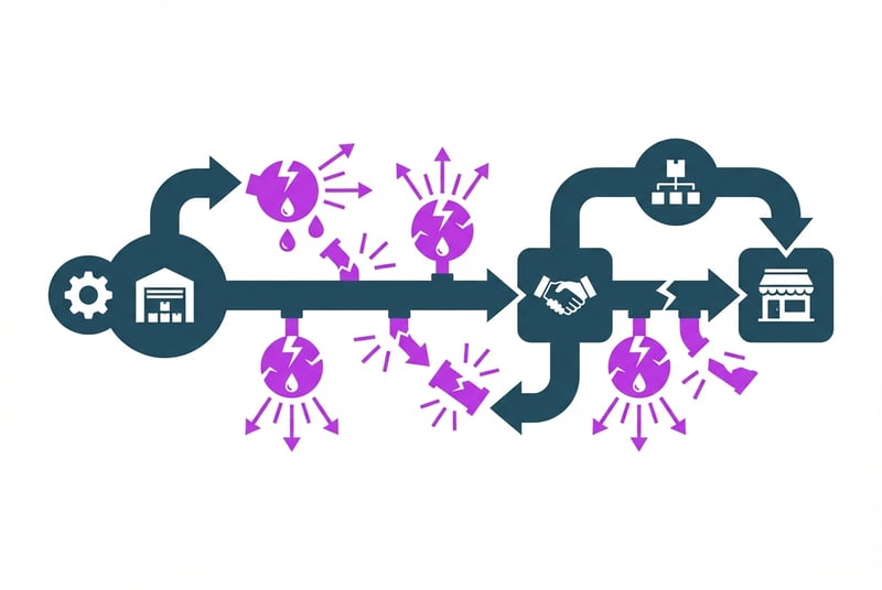 Infographic showing Amazon supply chain leak points and unauthorized seller distribution flow tracking