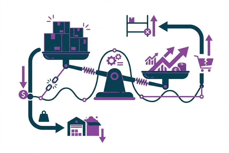 Illustration of Amazon FBA inventory balancing act between excess stock storage costs and stockout risk