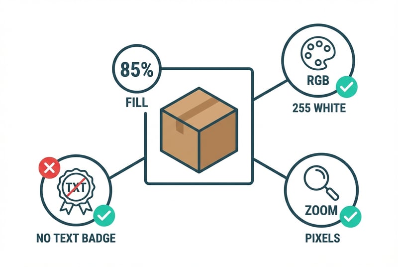 Amazon product image compliance requirements showing white background, 85% frame fill, and zoom pixel standards