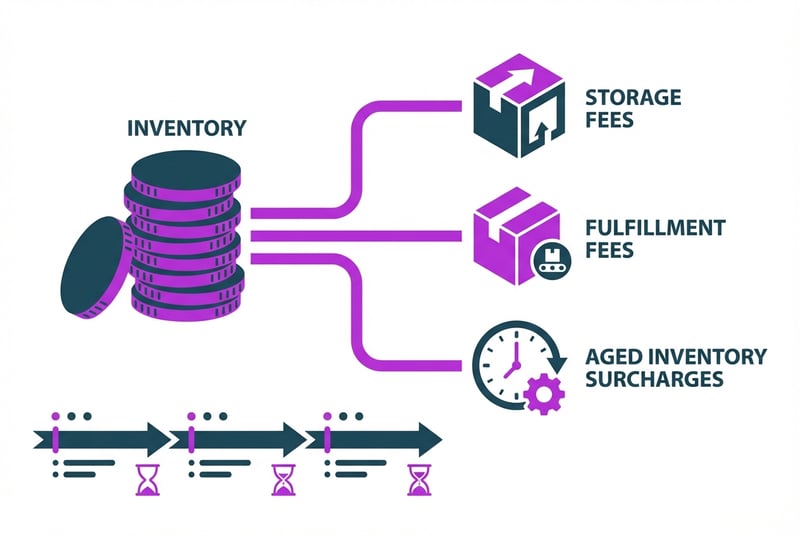 Amazon FBA fee structure diagram showing storage fees, fulfillment costs, and aged inventory surcharges