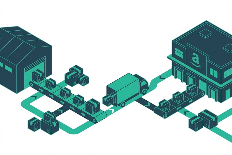 Amazon FBA inbound shipment workflow diagram showing boxes moving from warehouse to fulfillment center