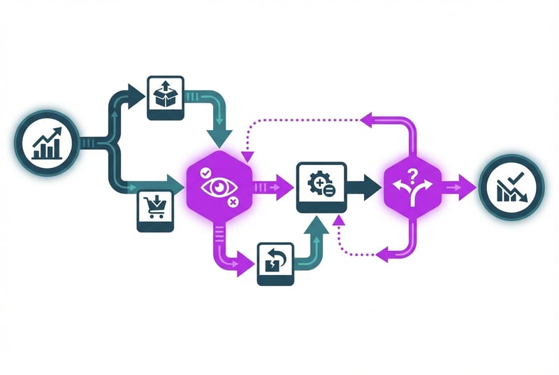 Inventory reconciliation workflow diagram showing starting balance through received items, orders, returns, and adjustments to ending balance