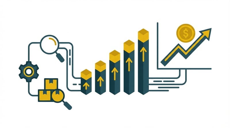 Illustration representing inventory management success with upward trending growth metrics and efficient data flow