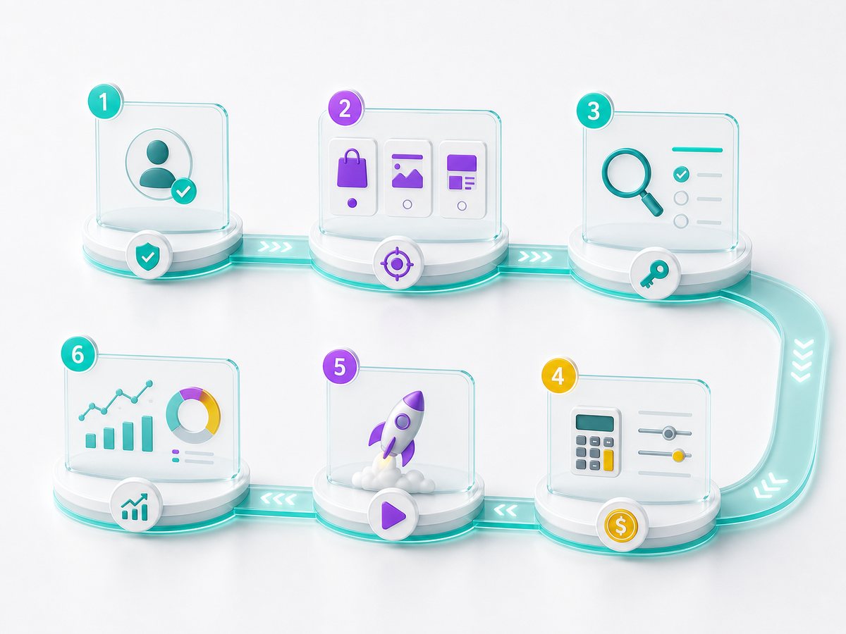 Graphic showing six campaign launch steps connected by a teal path from account access to analytics feedback