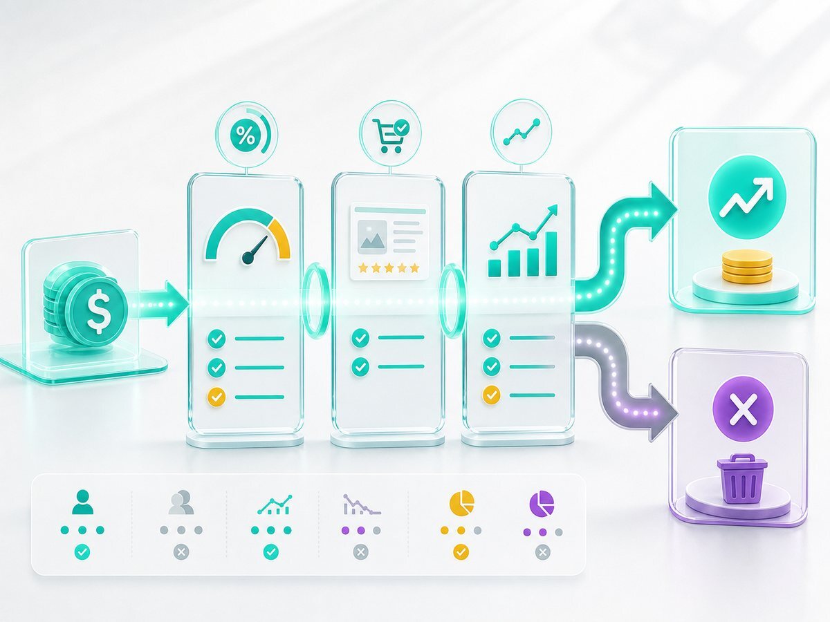 Graphic showing ad spend passing through margin listing readiness and performance tracking gates