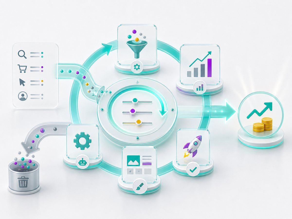 Graphic showing campaign signals entering an optimization loop where wasted spend is filtered out and improved ROI exits brighter