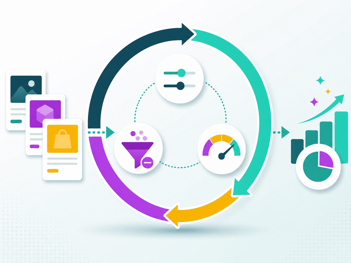 Graphic showing Amazon PPC campaign cards moving through an optimization loop with bid filter and performance controls