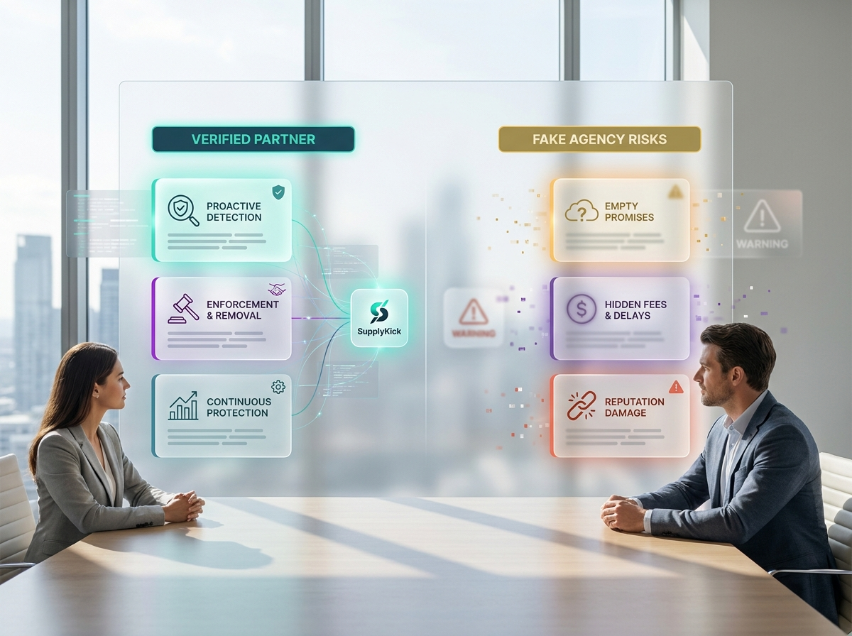 Evaluation scene comparing credible brand protection agency signals against red flags